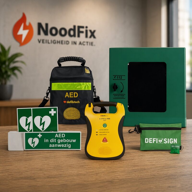 AED apparatuur Defibtech Lifeline en buitenkast door NoodFix
