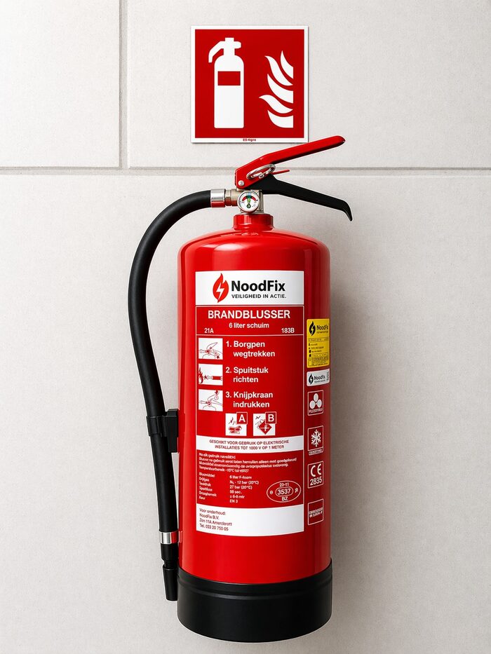 NoodFix 6 liter schuim brandblusser met onderhoudssticker, geïnstalleerd op locatie in Amersfoort