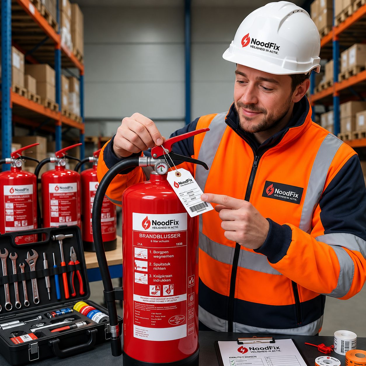 Nood-fix controleert installaties tijdens een brandveiligheidsinspectie
