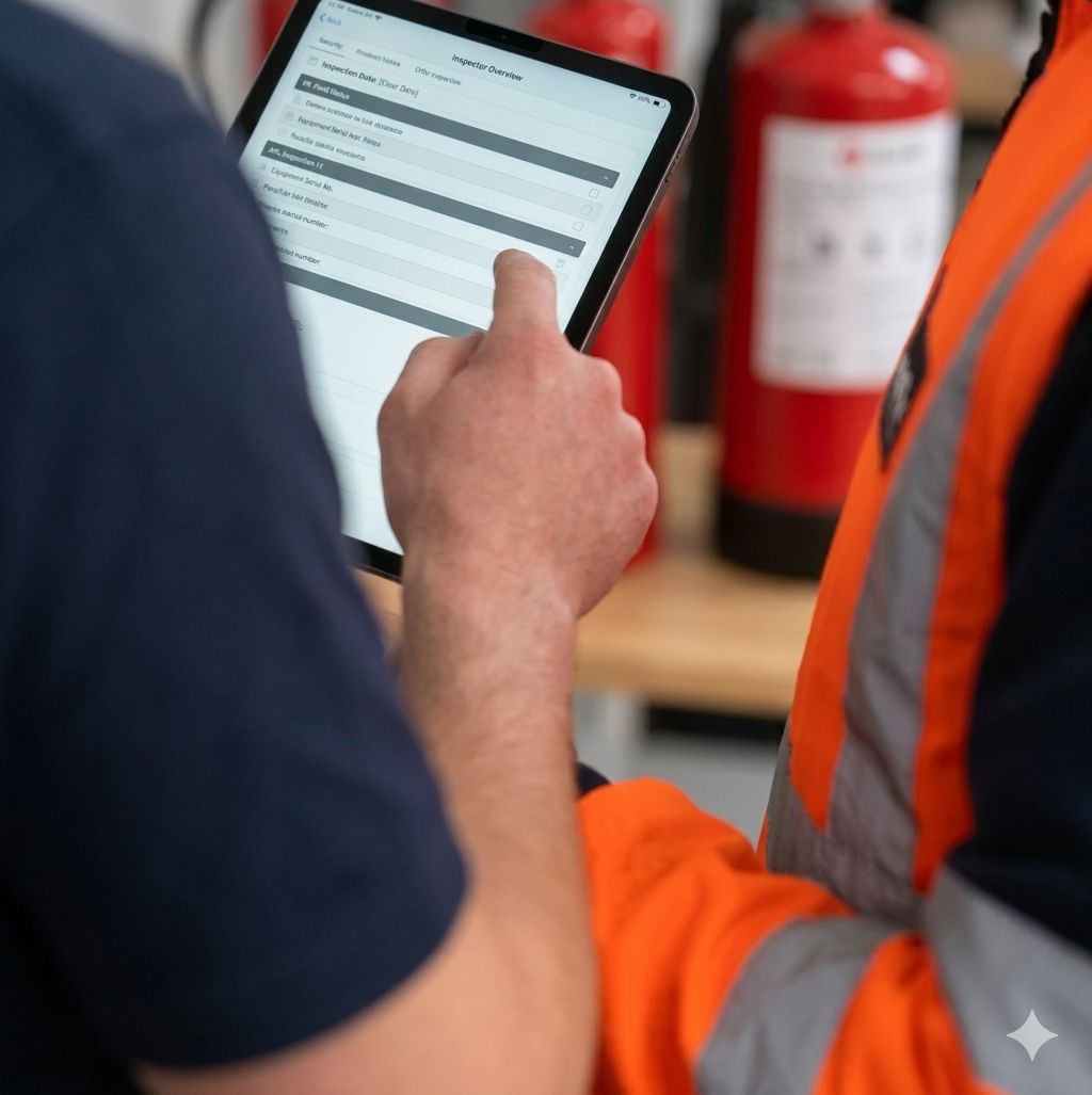 Nood-fix monteur beoordeelt een brandblusser op locatie
